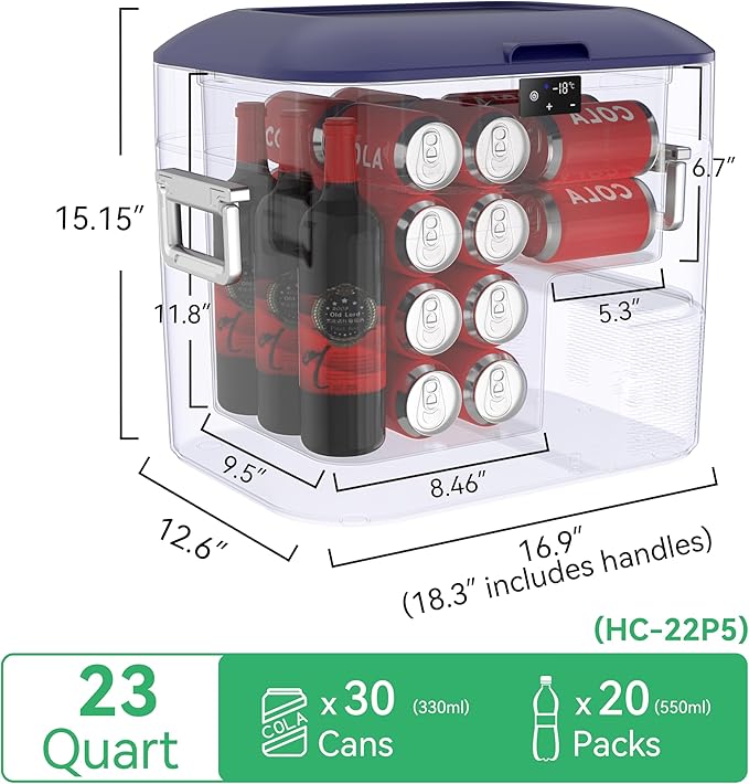 Car Refrigerator Portable Car Fridge 12V Refrigerator 23 Quart (22 Liter) Freezer Compressor Cooler 12V/24V DC 110～240 V AC for Outdoor Camping Travel Home Use -18℃~+15℃ (Blue)