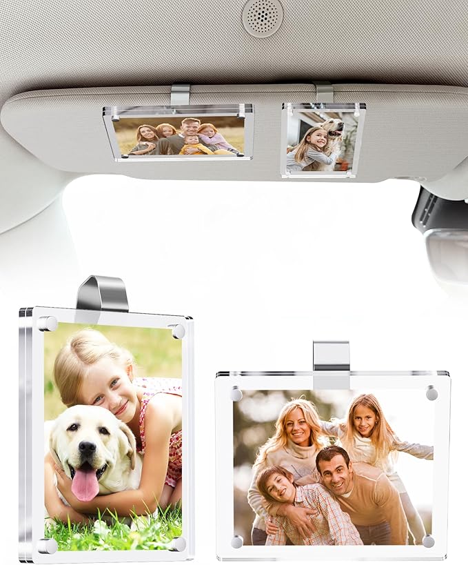 2Pcs Large Magnetic Car Visor Photo Holder - Strong Clip-On Frames for 3.5"x4.4" Photos - Durable Acrylic Visor Clip Photo Frame for Family & Pets - Secure Photo Car Visor Clip Accessories Gift
