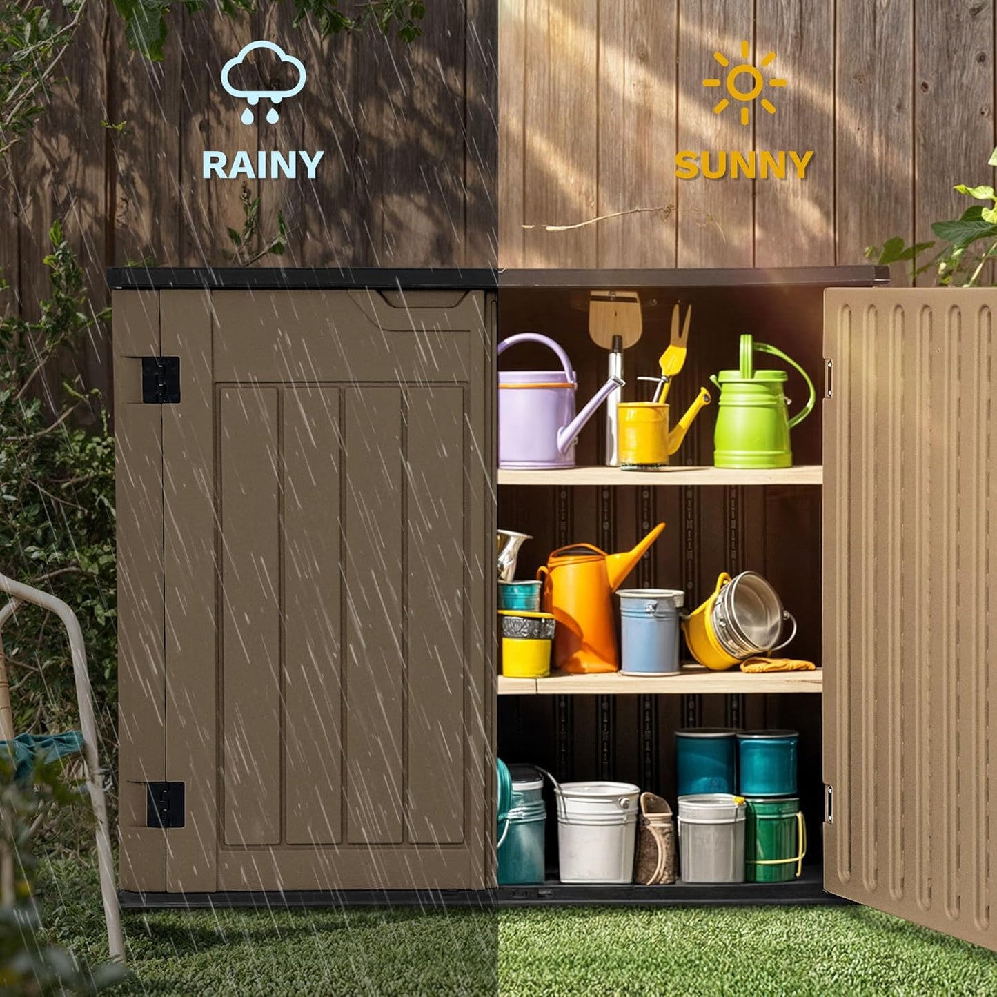 DWVO 35 Cuft Outdoor Horizontal Storage, Waterproof Resin Storage Shed with Floor and Multiple Accesses for Garden Tools, Easy Assembly, Brown (No Shelf Included)