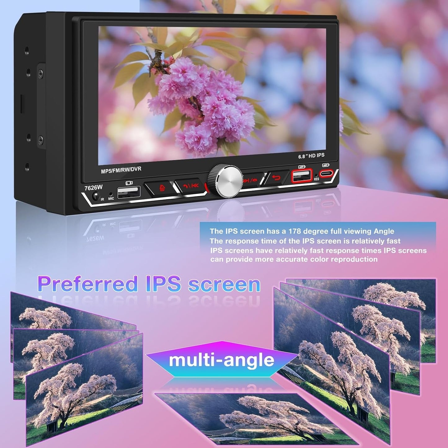 Wireless Apple CarPlay,Double Din Car Stereo,Bluetooth 5.2,FM AM Car Radio,HD 1280*600 Display,6.8" IPS Touchscreen,GPS Navigation,Android Auto,Backup Camera,MP5,Subwoorf,Type-C Fast Charging,Dual USB