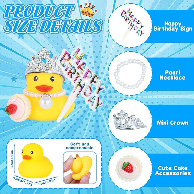 Rubber Duck Birthday Party Favors, DIY Cake Topper with Crown, Pearl & Cupcake Accessories, Duck Decor for Kids, Car Dashboard