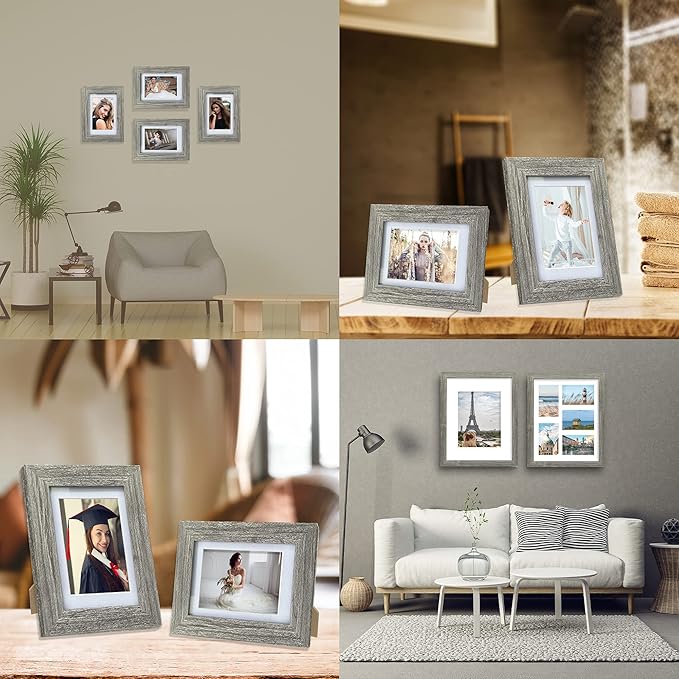 5x7 Picture Frame Set of 4, Made of Real Glass and Grey Wooden Frame, 5 by 7 Photo for Wall or Tabletop - Display Picture 4x6 with Mat or 5x7 Without Mat