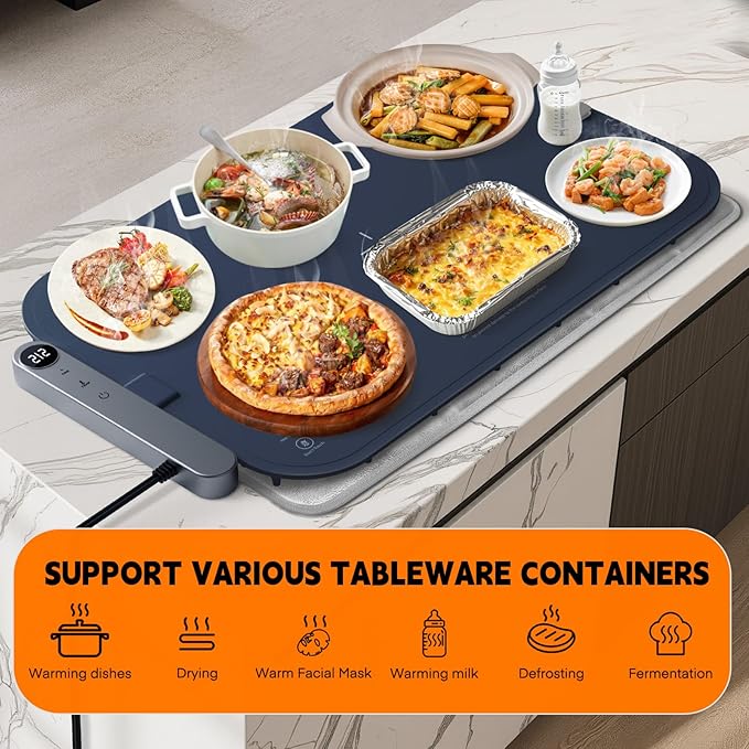 Homelove Food Warming Mat Waterproof - Electric Warming Tray with 6-Level Temperature and Hours Setting, Full Surface Graphene Heating, Dishwasher-Friendly Food Warmer Mat for Parties, Kitchen (Blue)
