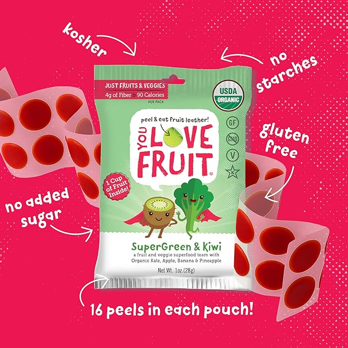 YOU LOVE FRUIT – SUPERGREEN & KIWI All Natural Fruit Snacks, Healthy Snack Pack, Real Fruit! Gluten Free, Non GMO, Vegan, Fiber packed, Low Fat, Kosher, Variety Pack, Great For Adding To Gift Box, 1.0 oz (Pack of 12)