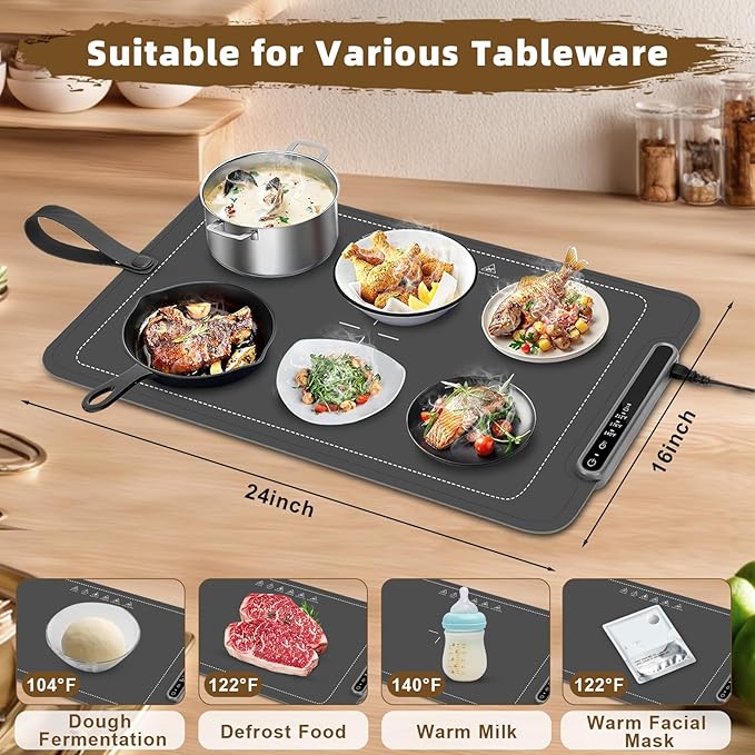 Food Warming Mat,Electric Warming Tray,Versatile Full Surface Heating,Silicone Heating Mat with 3 Temperature Settings and Auto-Off,Food warmer mat for Parties, Buffets Party, Home,Travel