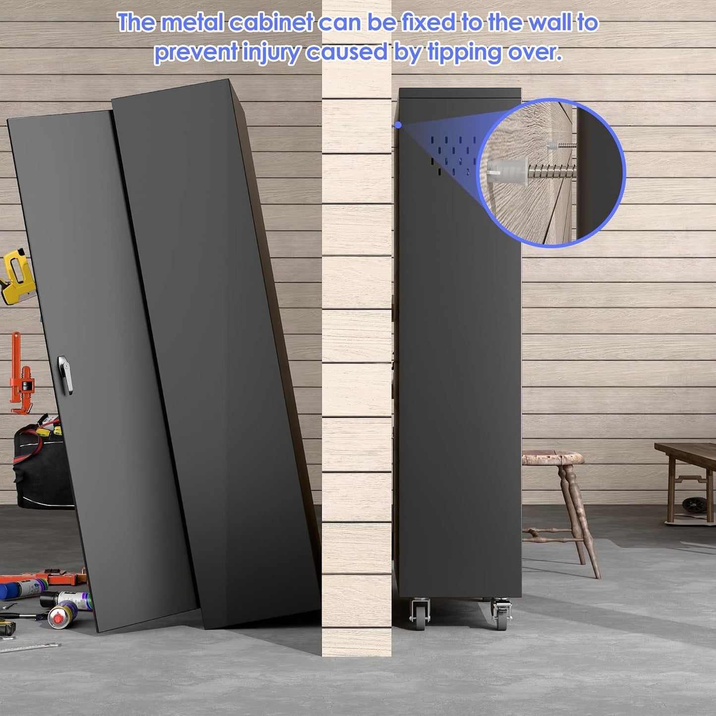 Garage Storage Cabinet with Wheels, 61.7" H Broom Closet Storage Cabinet with Hanging Rod, 5 Pegboard and 13 Hooks, Metal Cabinets with Locking Doors and 4 Shelves, Black