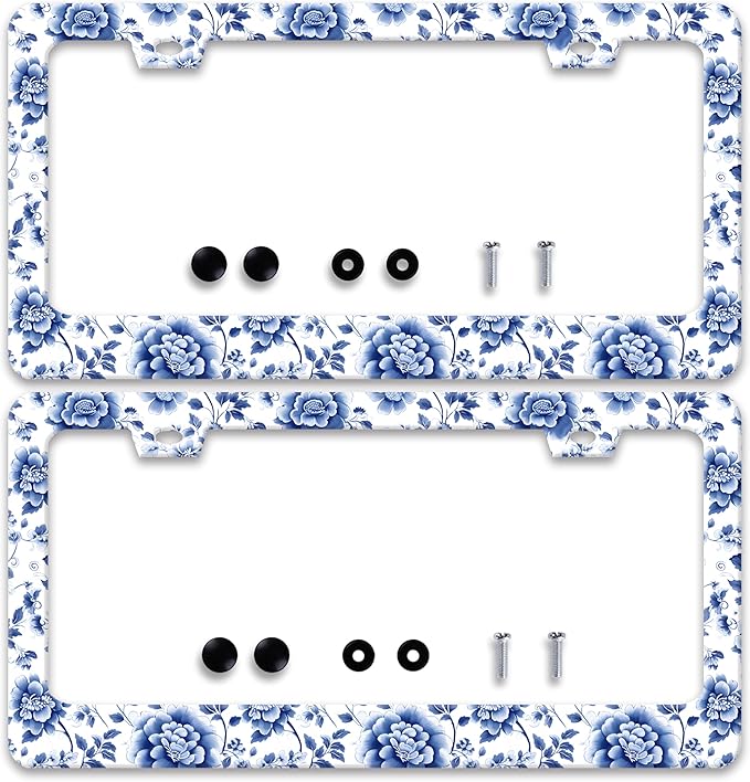 2 Pcs Blue White Porcelain Flowers License Plate Frame Floral License Plate Frames Personalise Stainless Steel Funny Design Compatible with Standard License Plate Holder for USA Canada 6 X 12 Inch
