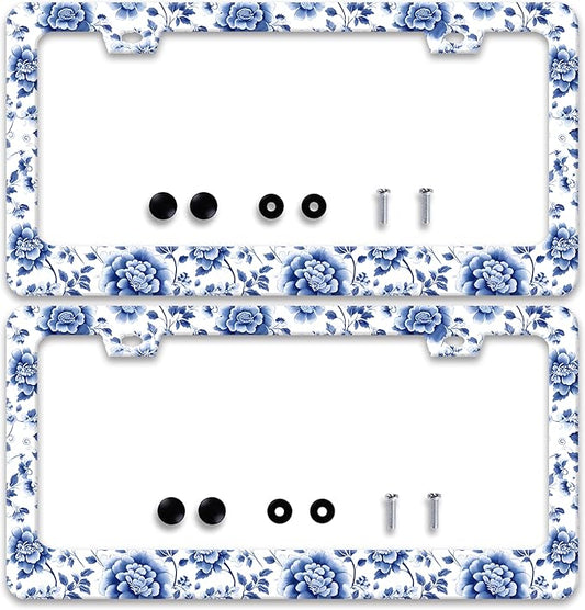 2 Pcs Blue White Porcelain Flowers License Plate Frame Floral License Plate Frames Personalise Stainless Steel Funny Design Compatible with Standard License Plate Holder for USA Canada 6 X 12 Inch