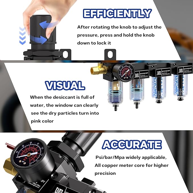 NEWPO 1/4'' NPT 5 Stage Air Dryer for Compressor,Air Compressor Water Separator System with 5＆0.01 Micron Filter Cartridge,Triple Desiccant Dryer Air Drying System, Metal Bowl Semi-Auto Drain (Black)