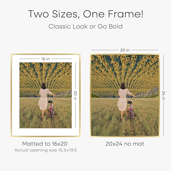 Homeforia 20x24 Picture Frame Gold, High End Metal 24x20 Frames for Wall, 20x24 Gold Frame Matted to 16x20 Print, 20 x 24 Poster Large Frame with Mat 16 by 20 Photo, Tempered Glass, Wall Kit, Set of 2