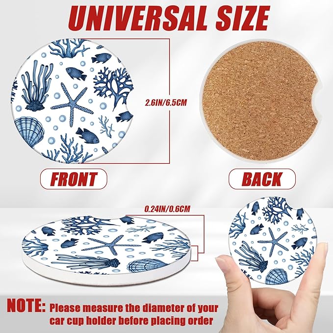 Blue Sea Starfish Shells Car Coasters for Cup Holders, Absorbent Ceramic Car Coaster Car Cup Holder Coaster Car Accessories for Women Men (2 Pack)
