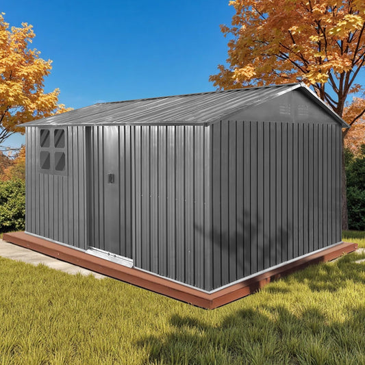 12x10 Ft Storage Shed Outdoor, XL Permanent Steel Building with Window, Sliding Doors and 4 Air Vents for Backyard Garden Patio Lawn - Grey