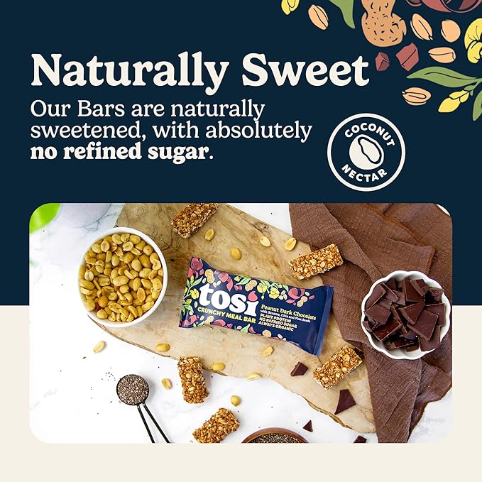 Tosi Peanut Dark Chocolate Meal Bars - 16g Plant Based Protein, Crunchy Nut & Seed Vegan Snack Bars, Gluten Free & Organic Healthy Snacks, Omega 3s, Flax & Chia Seeds, 2.4 oz, 12 Pack