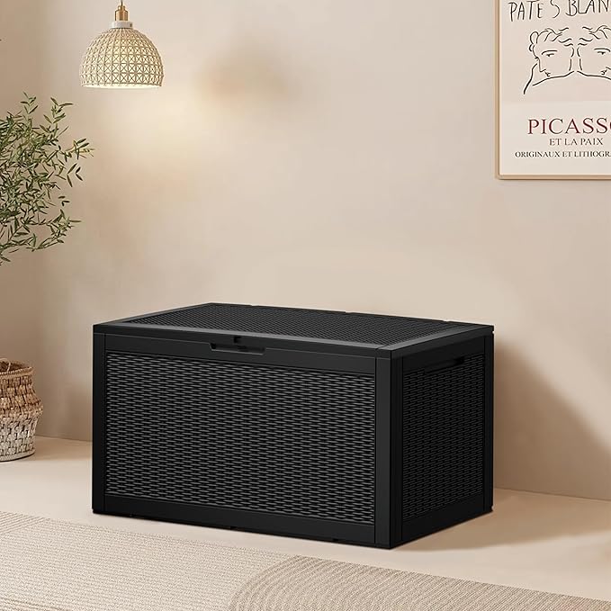 Heavy-Duty 100 Gallon Outdoor Storage Box - All-Weather Patio & Garden Storage Box Waterproof, Lockable Resin Deck Chest for Pool Accessories, UV-Resistant, Obsidian Black