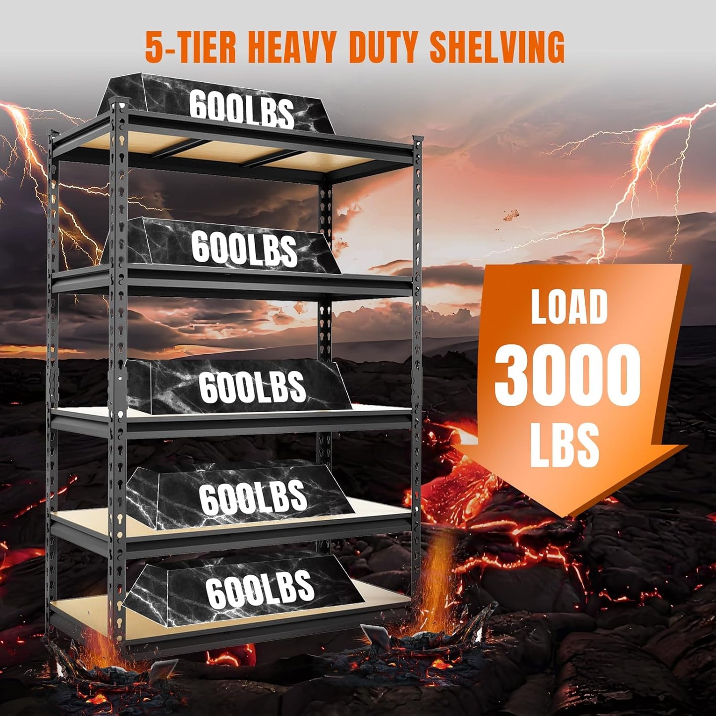 BIG RED Storage Shelving Unit, 5-Tier Adjustable, Heavy Duty Metal Garage Shelves/Utility Rack for Kitchen, Pantry, Basement, Bathroom, Laundry - 3,000lb Capacity, Black, 72" H x 48" W x 24" D