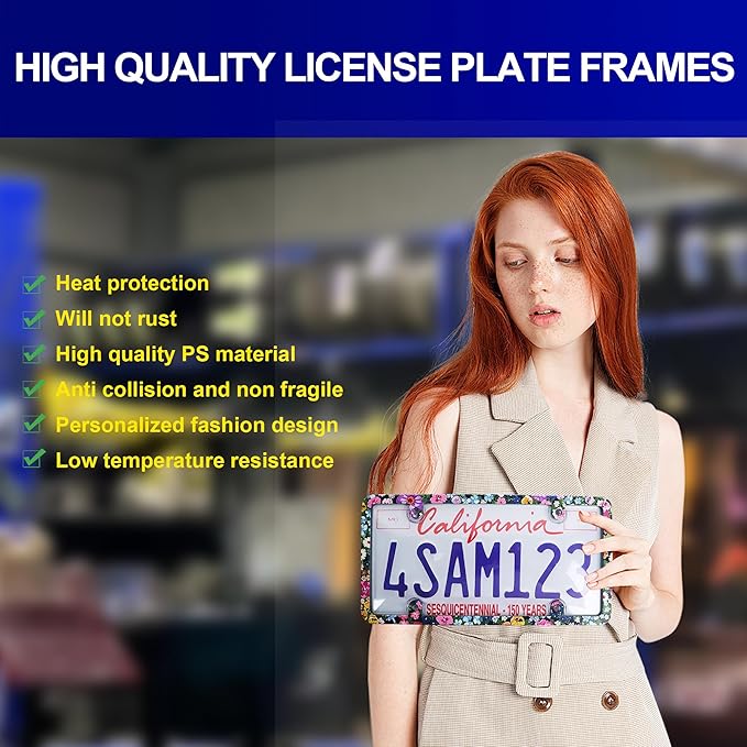 2pcs License Plate Protector Unbreakable License Plate Frames and Covers Set Front and Rear Clear License Plate Cover Beautiful Flowers License Plate Frames Fits Standard Us Plates with Screws Caps