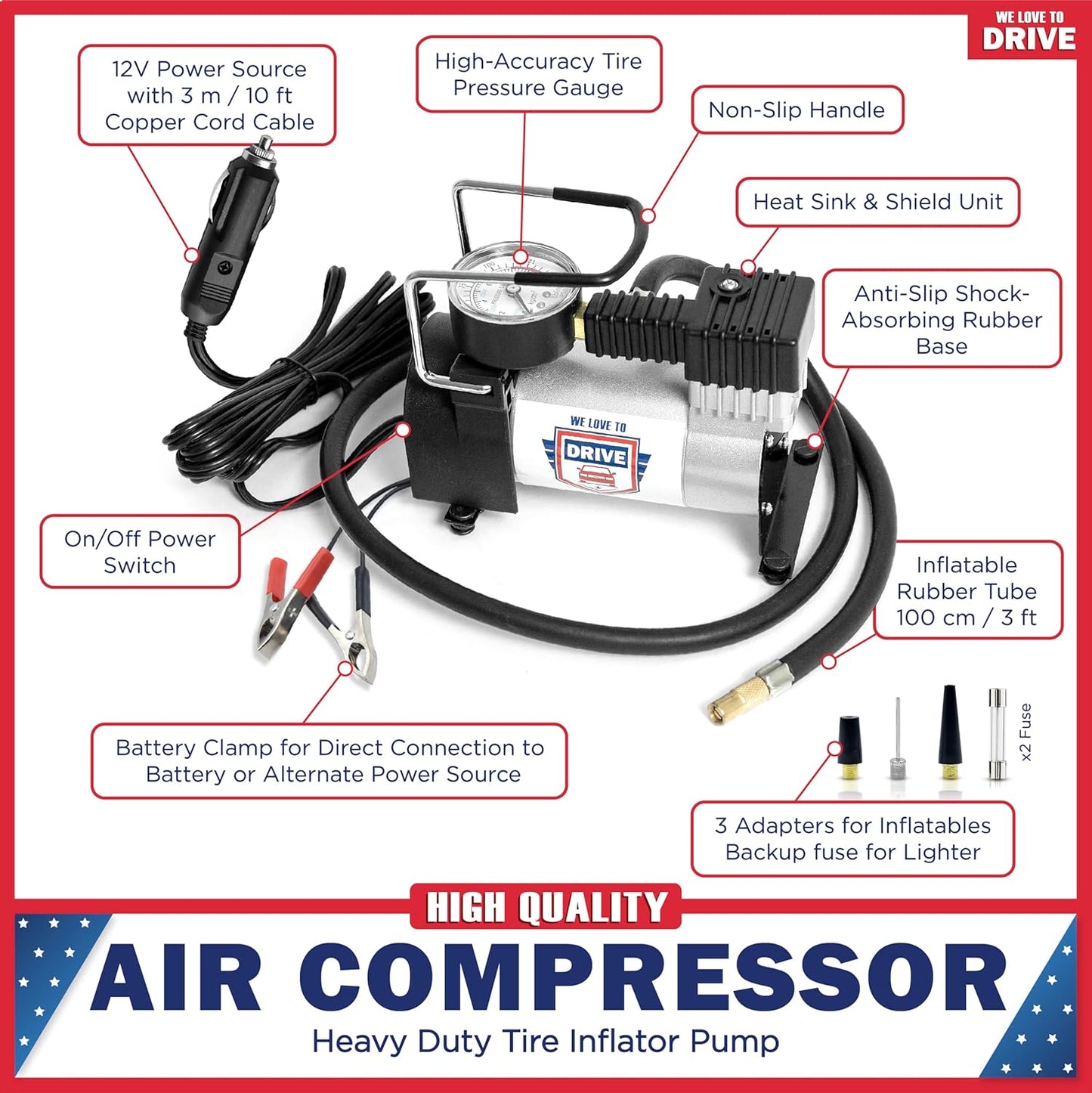 Tire Inflator Portable Air Compressor For Car Tires & Inflatables, 12V DC One Cylinder Air Pump For Emergency Kit with 150 PSI Pressure Gauge, Adaptors, Hose, Car Plug, Clip Connectors & Carry Bag