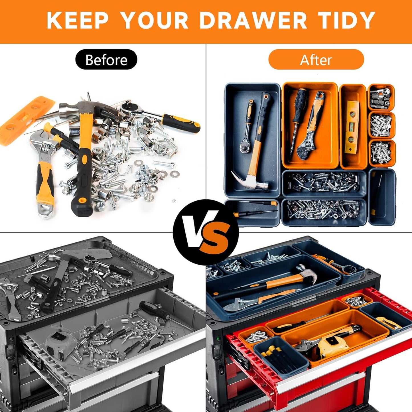 Tool Box Organizer Tray, Toolbox Desk Drawer Organizer, Tool Box Tray, Toolbox Organization Storage for Rolling Tool Chest (60PCS (Blue+Orange))