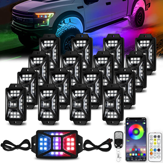 16 Pods 336 LEDs 5 Sides RGB Rock Lights, App/Remote Control Rock Lights for Trucks, Waterproof Multi-Color Bright Underglow Kits with Music Mode, Compatible with 12V Jeep UTV SUV ATV Golf RZR