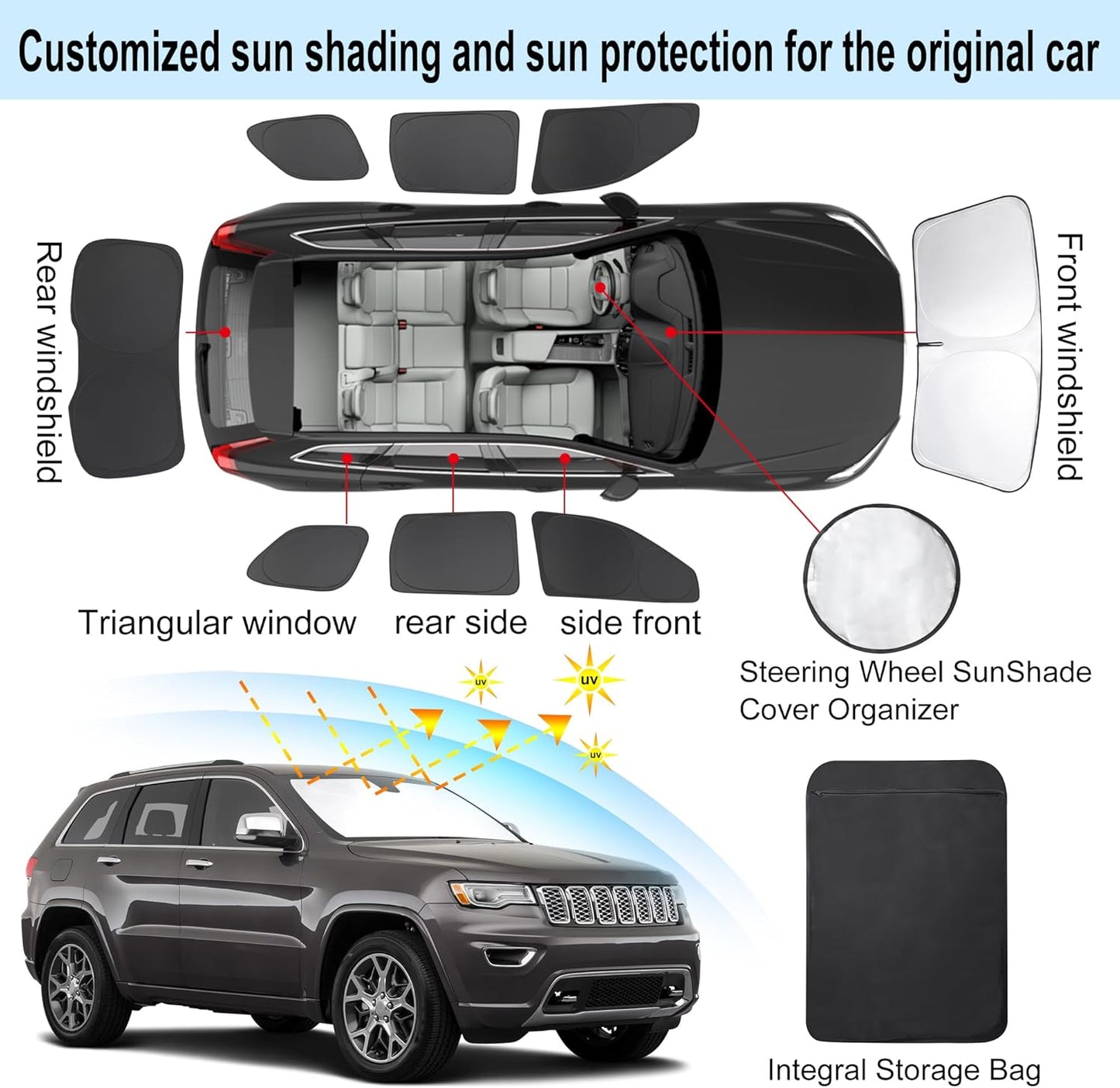 TINGLU 8PCS Window Shades for Jeep Grand Cherokee 2011-2021(NOT for Grand Cherokee L) Accessories Car Side Full Windows Rear Triangular Windshield Sun Shade Sun UV Rays Privacy Protection for Camping
