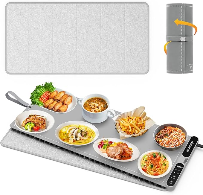 Homelove Food Warming Mat for Parties Buffet - Full Surface Fast Heating Electric Warming Tray with 7 Temp-Settings & 8H Timer, Portable Roll Up Food Warmer with Heat Insulation Pad XXL-Grey
