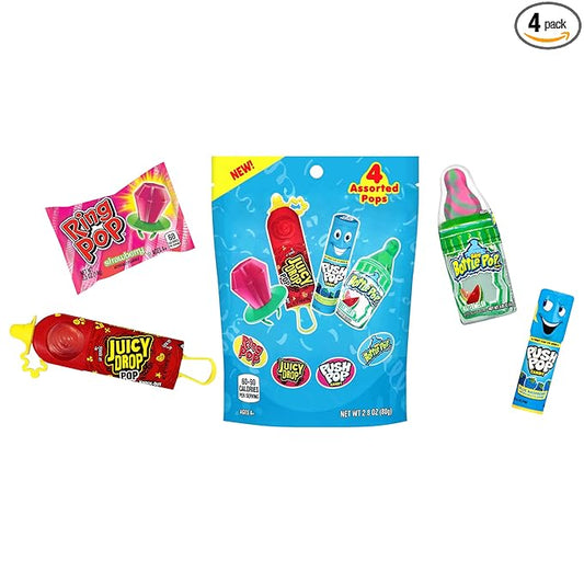 Assorted Candy Variety Pack 4 Count Lollipops - Ring Pop, Push Pop, Baby Bottle Pop & Juicy Drop - Ideal for Kids Party Favors, Party Favor Bags by Bazooka Brands