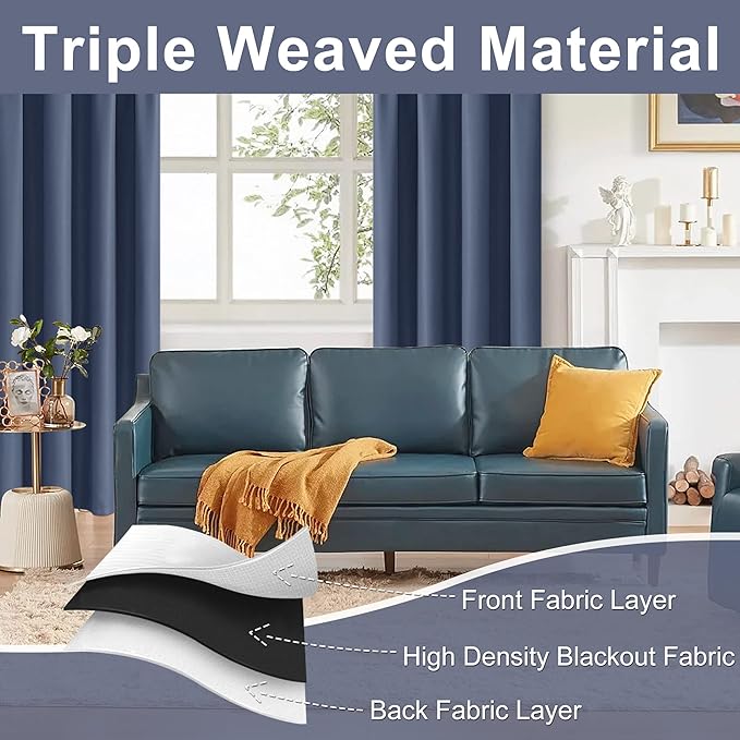 JIUZHEN Blackout Curtains for Bedroom – Thermal Insulated,Noise Reducing Room Darkening Privacy Rod Pocket Drapes for Living Room, Set of 2 Panels with Tiebacks, 42 x 54 inch Long,Dusty Blue