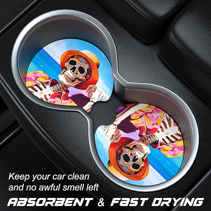 Car Cup Holder Coasters, 2 Pack Universal Auto Anti Slip Insert Coaster with A Finger Notch, Cute Car Assecories for Women Men, Cup Mat for Most Interior, Beach Skull
