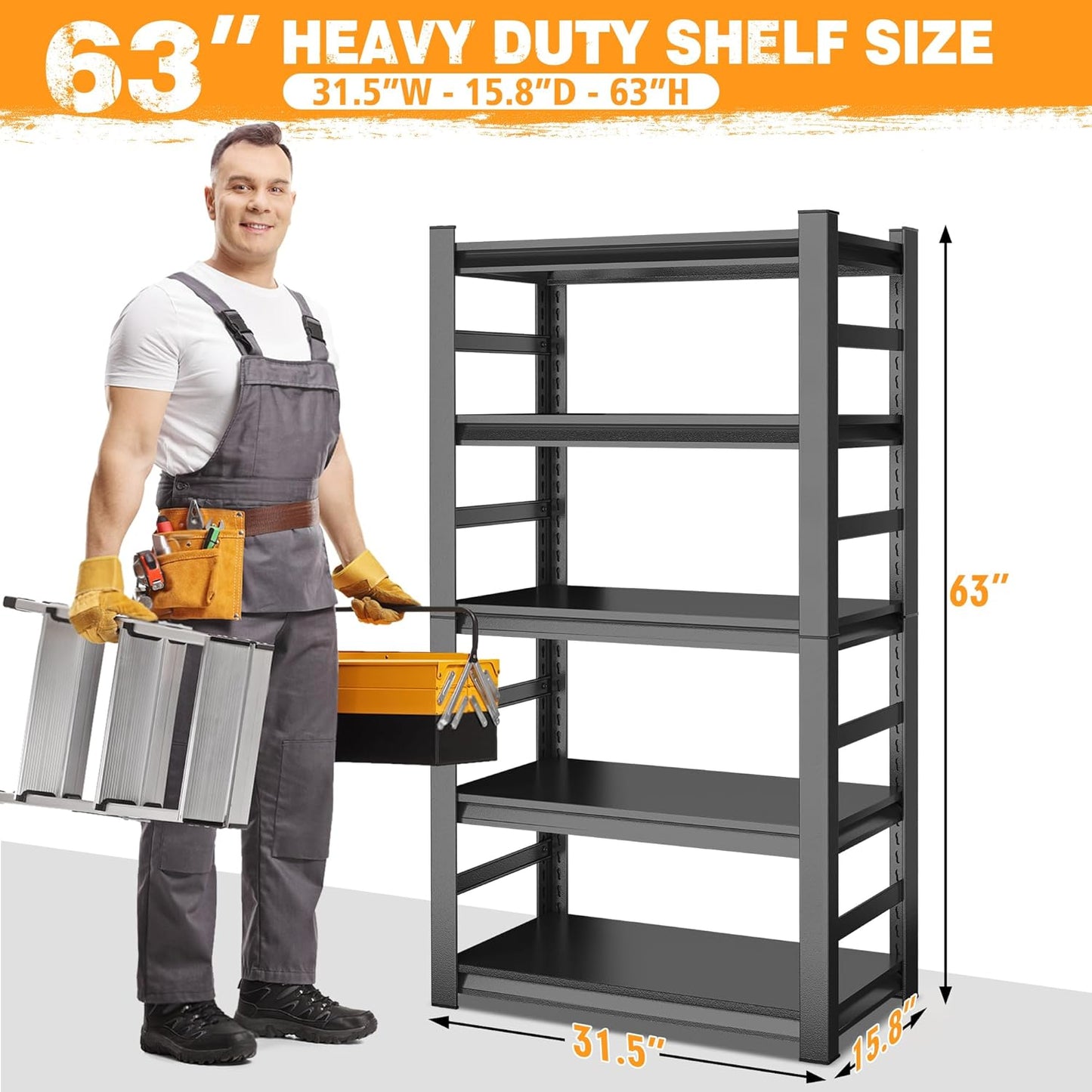 63''H Garage Shelving 3000 LBS Heavy Duty Garage Storage Shelves, Adjustable 5 Tier Metal Industrial Shelving Units Utility Shelves for Warehouse, Basement,15.75''Dx32''Wx63''H, Black