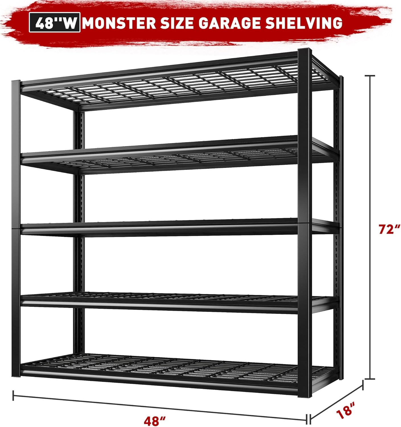 REIBII 48" W Garage Shelving Heavy Duty Load 2500LBS, 5 Tier Storage Shelves, Adjustable Metal Shelves for Warehouse, Pantry, Basement, 48" W X 72" H X18 D, 2PC