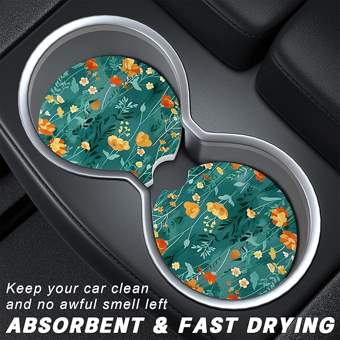 Car Cup Holder Coasters, 2 Pack Universal Auto Anti Slip Insert Coaster with A Finger Notch, Cup Mat for Most Car Interior, Beautiful Flowers