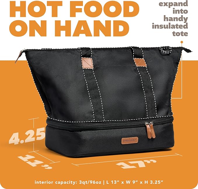 HOTLOGIC Max XP Large Portable Electric Lunch Box Food Heater W/Glass - Expandable Food Warmer Tote and Heated Lunchbox for Adults Work/Car/Home - Cook, Reheat, and Keep Your Food Warm - Black - 120V