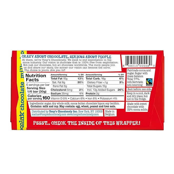 Tony’s Chocolonely Belgian Milk Chocolate Candy Bar, Pure Chocolate Bars for Snacks, Party Favors, Gifts, or Gift Basket, 32% Cacao, Made From Quality Fairtrade Cocoa, 4 Bars, 6.35 Oz Each