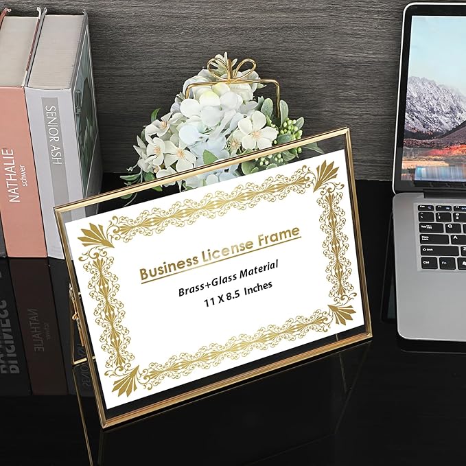 JUXYES 2 Pack Tabletop Business License Frame Brass License Certificate Display Frame, Double Glass Floating Diploma Frames, Desktop Golden Graduation Frames for 8.5x11 Certificate Business Licenses