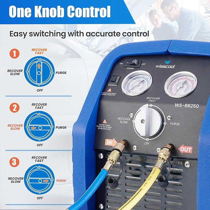 3/4 HP Refrigerant Recovery Machine, 60Hz Portable Freon Recycling Unit HVAC Oil-Less Self-Cleaning Recovery Machines for Vapor Liquid Refrigerant Household Car Air Conditioning