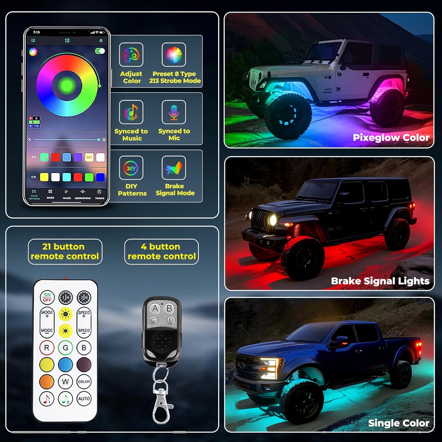 16 Pods 336 LEDs 5 Sides RGB Rock Lights, App/Remote Control Rock Lights for Trucks, Waterproof Multi-Color Bright Underglow Kits with Music Mode, Compatible with 12V Jeep UTV SUV ATV Golf RZR
