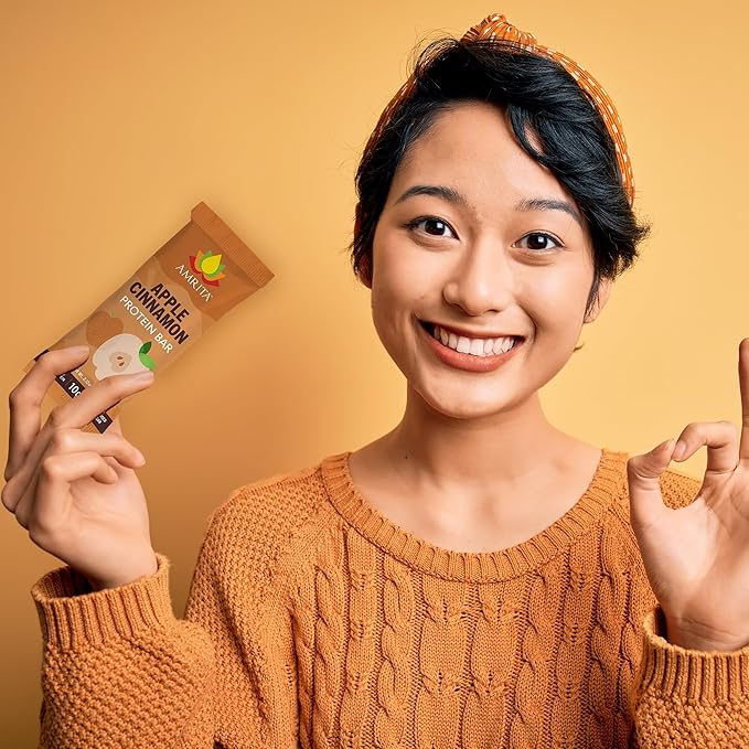 AMRITA Apple Cinnamon Vegan Protein Bars – 15g Plant-Based Protein – Gluten, Soy, Peanut & Dairy-Free – High Fiber, Low Sugar Meal Replacement Bars – Ideal Breakfast, Snack, or Energy Boost