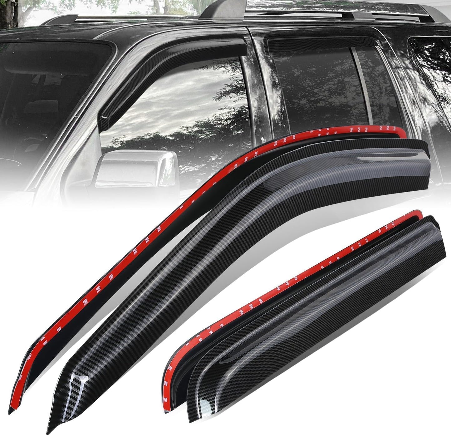 Auto Dynasty Set of 4 Carbon Fiber Pattern Window Visors Compatible with 2002-2010 Ford Explorer Mercury Mountaineer Lincoln Aviator, Tape-On Rain Guards Shield Vent Shade Deflector Glossy Black