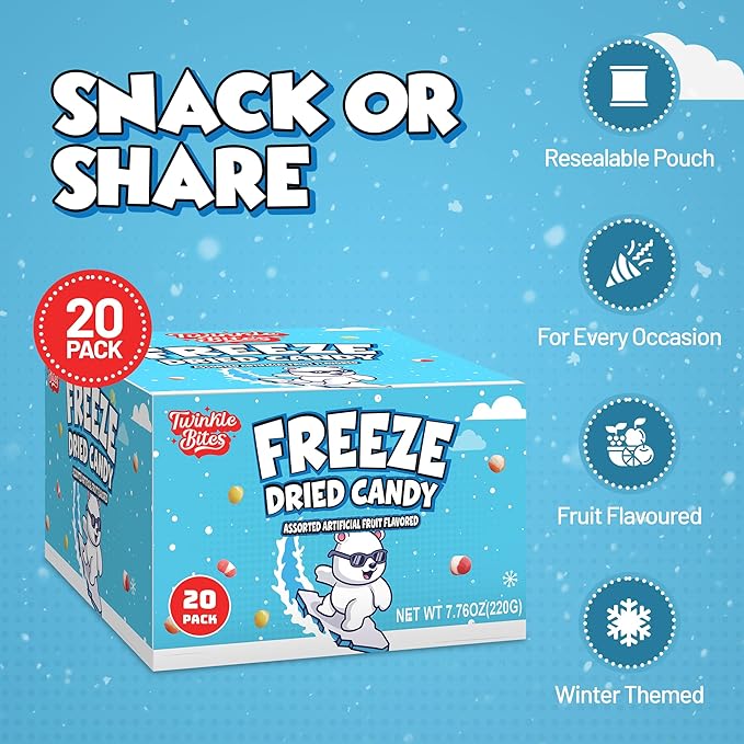 20 Pack Freeze Dried Candy- About 10 Pcs Per Bag - Bulk Treat Candy In Resealable Bag - Great For Kids, Adults, School, Party Favors, Birthday Party- 5 Delicious Flavors