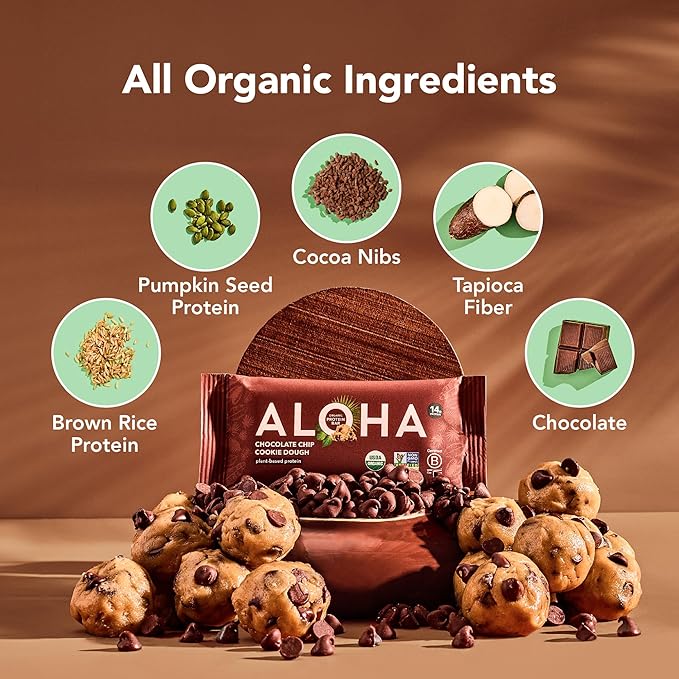 Aloha Organic Plant Based Protein Bars Chocolate Chip Cookie Dough, 1.98 Oz,(Pack of 12)