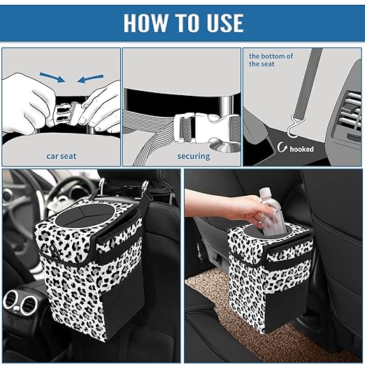 Black and Grey Leopard Trash Can with Lid - Collapsible Reusable Waterproof Garage Bag, Automotive Garbage Can, Car Accessories Interior Organizer