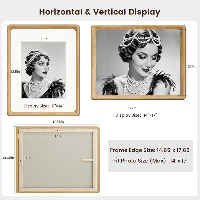HELPLEX 14x17 Premium Picture Frame Set of 2 - Solid Oak Wood, UV-Blocking Plexiglass, Convertible 11x14 Matted or 14x17 Open Display - Wall Art Gallery & Luxury Home Decor