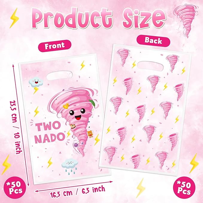 Two Nado Party Favor Bags - 50Pcs Pink Tornado Patterns Goody Candy Treat Gifts Bags, Cute Two Nado Themed Kid Party Decorations for Baby Girls Boys 2nd Birthday Baby Shower Supplies