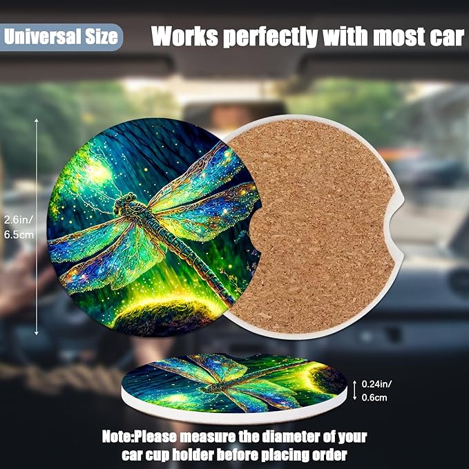 Car Cup Holder Coaster -Dragonfly Absorbent Ceramic Coaster, Car Coasters for Cup Holders, Auto Accessories for Women & Men, Pack of 2