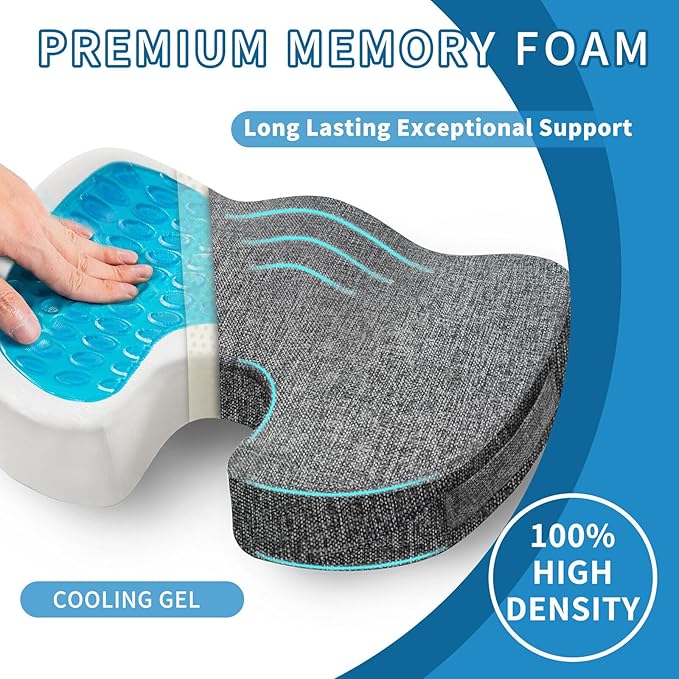 Gel Memory Foam Seat Cushion for Long Sitting, Cooling Breathable Enhanced - Back, Sciatica, Coccyx, Tailbone Pain Relief - for Office Chairs, Car Seat, Wheelchair Sitting (Blue)