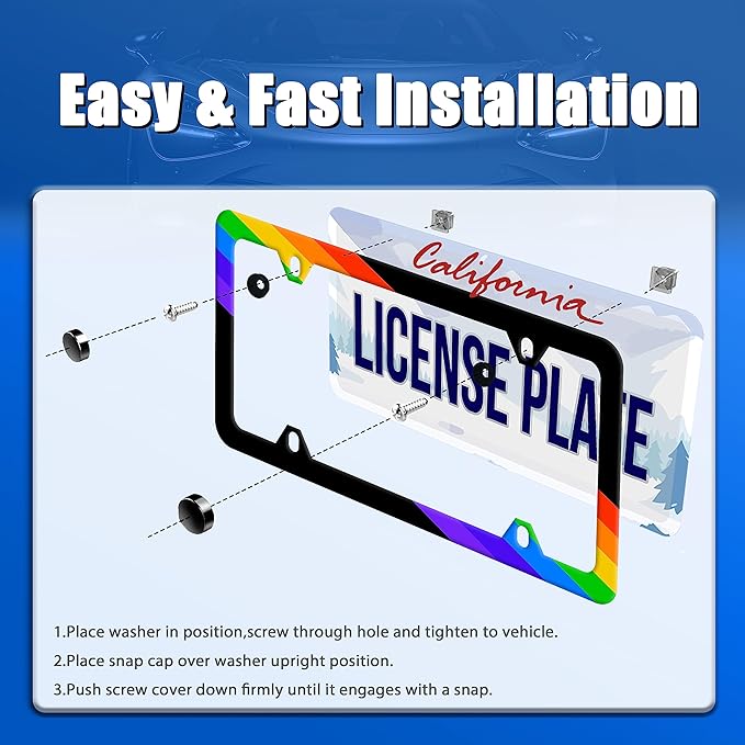 Rainbow Lines License Plate Frame LGBT Flag Gay Lesbian License Plate Stainless Steel Auto Parts Funny License Plate Decorative with Screws Size 12.3" x 6.3" for Women Men