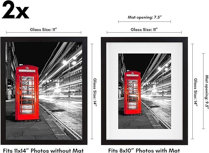 Americanflat 11x14 Picture Frame in Black - Displays 8x10 With Mat and 11x14 Without Mat - Composite Wood with Shatter Resistant Glass - Horizontal and Vertical Formats for Wall - Set of 2