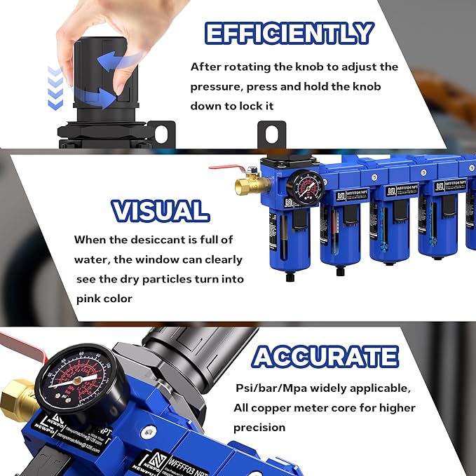 NEWPO 1/2" NPT 5 Stage Air Dryer for Compressor,Brass Coalecsing Filter,Triple Desiccant Dryer & Air Drying System,Air Pressure Regulator with Semi-Auto Drain (Blue)