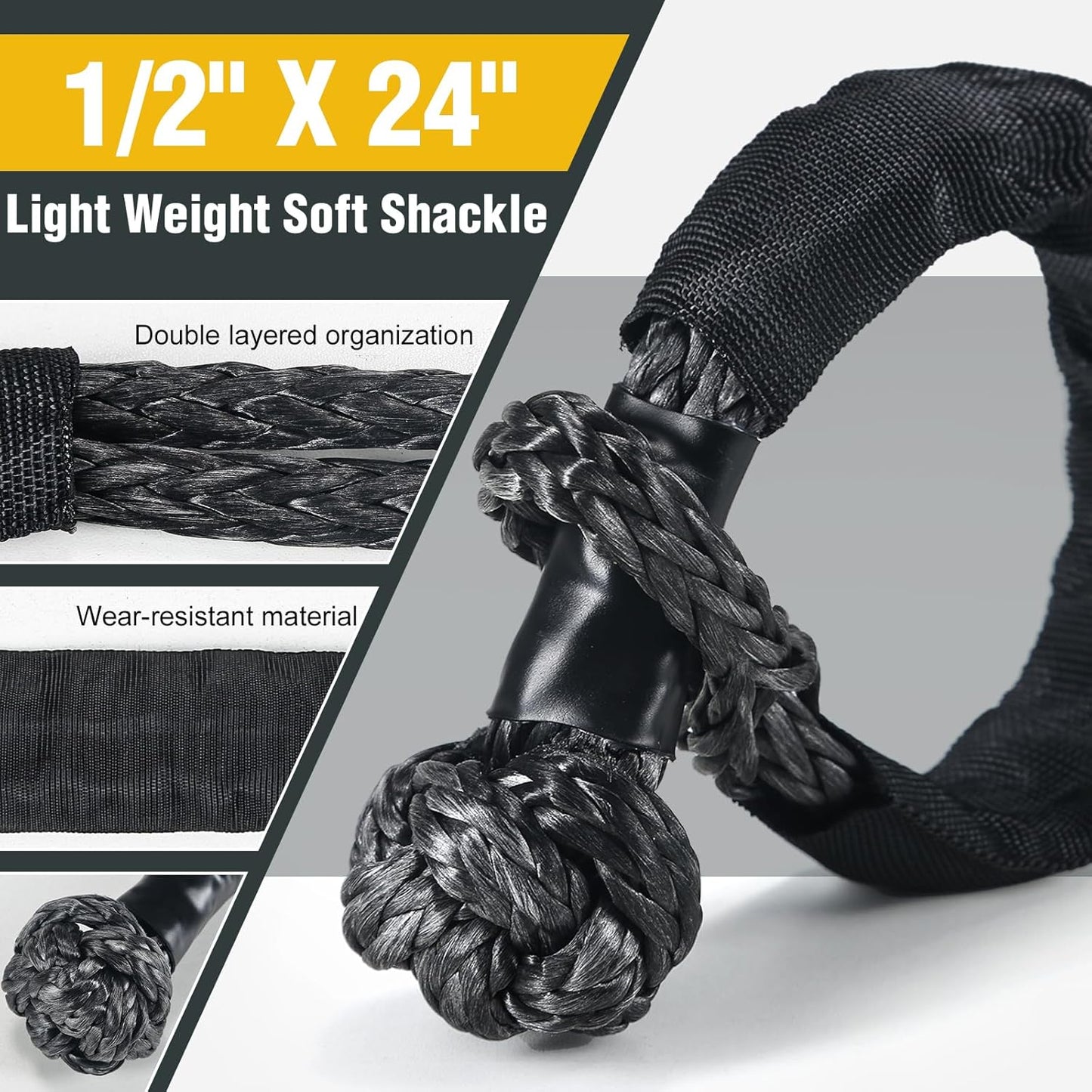 GODIAG 1"×30ft Kinetic Recovery Tow Rope (46500lbs) Heavy Duty Energy Rope with 2 Soft Shackles, 30% Elasticity Offroad Power Strap for Truck Jeep Car ATV UTV Tractor