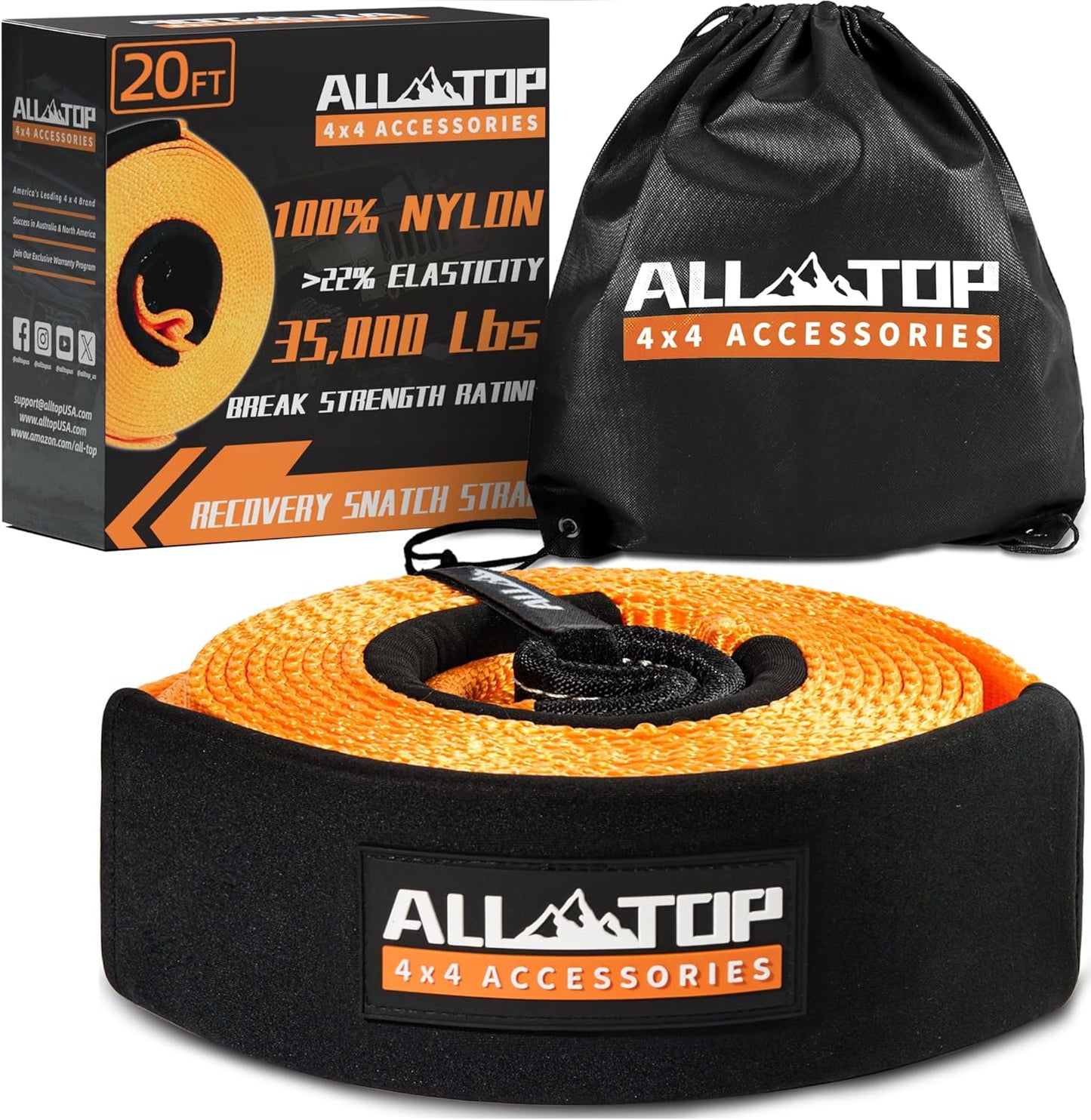 ALL-TOP Recovery Snatch Strap, 3in x 20ft - 35000Lbs, Heavy Duty 100% Nylon Kinetic Towing Recovery Strap with 22% Elongation & Reinforced Loops